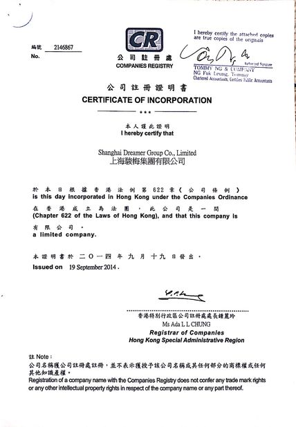 Porcellana Shanghai Dreamer Group Co., LTD Certificazioni